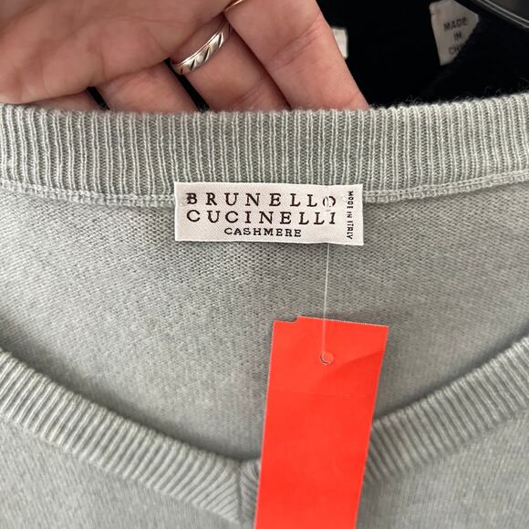 $995 Brunello Cucinelli Sage Teal Cashmere V-Neck Pullover Sweater size Small - Picture 7 of 10